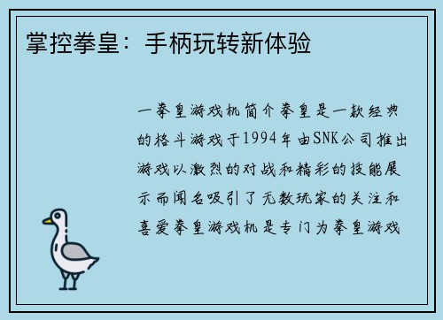 掌控拳皇：手柄玩转新体验
